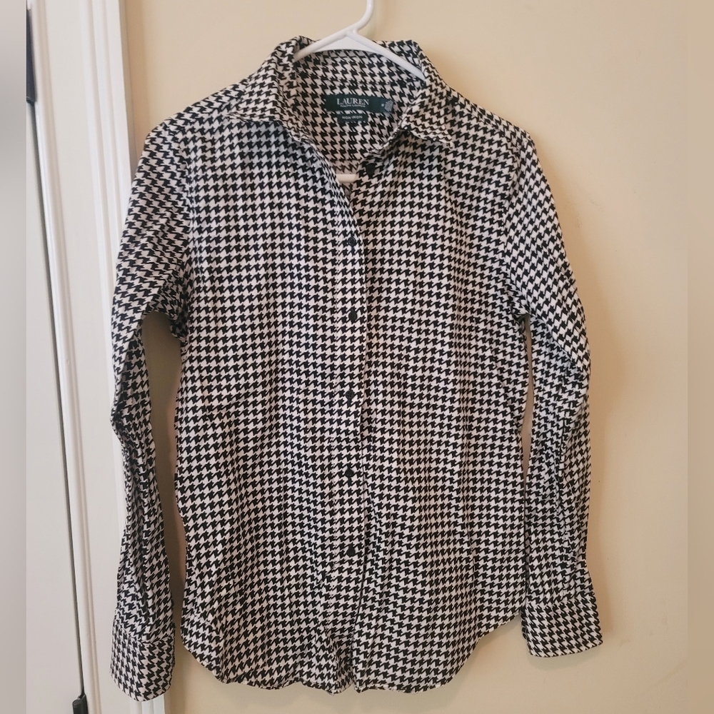 Lauren Ralph Lauren Black White Cotton Houndstooth Long Sleeve Button Top Shirt